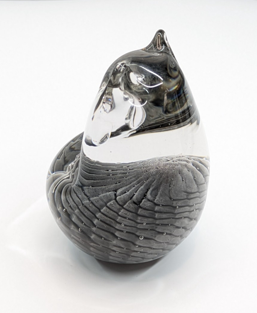 FM Ronneby Clear/Gray Owl Swedish Art Glass Paperweight Figurine 4″ by 3″
