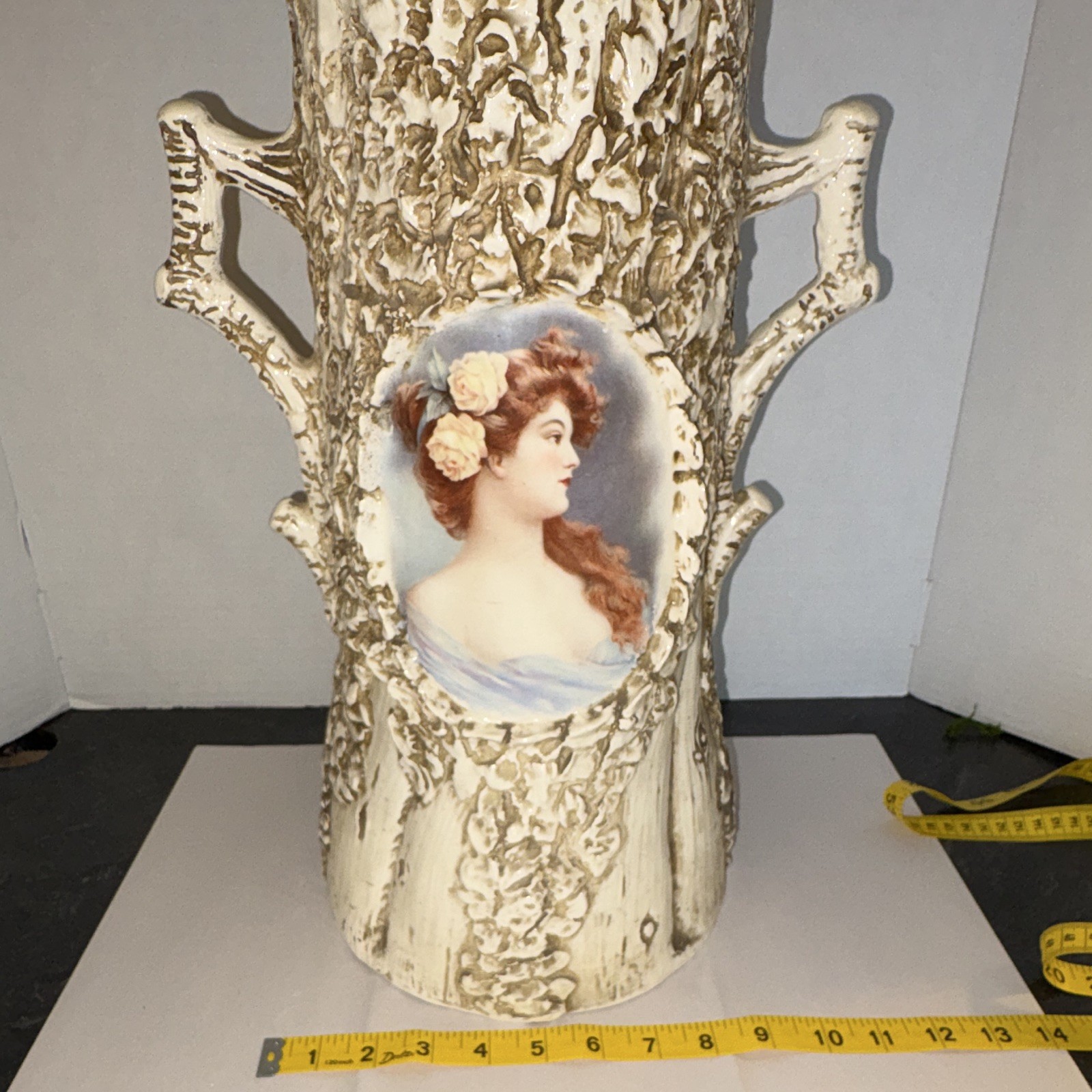 Antique c 1900 European porcelain bark tree trunk portrait vase 17 inches