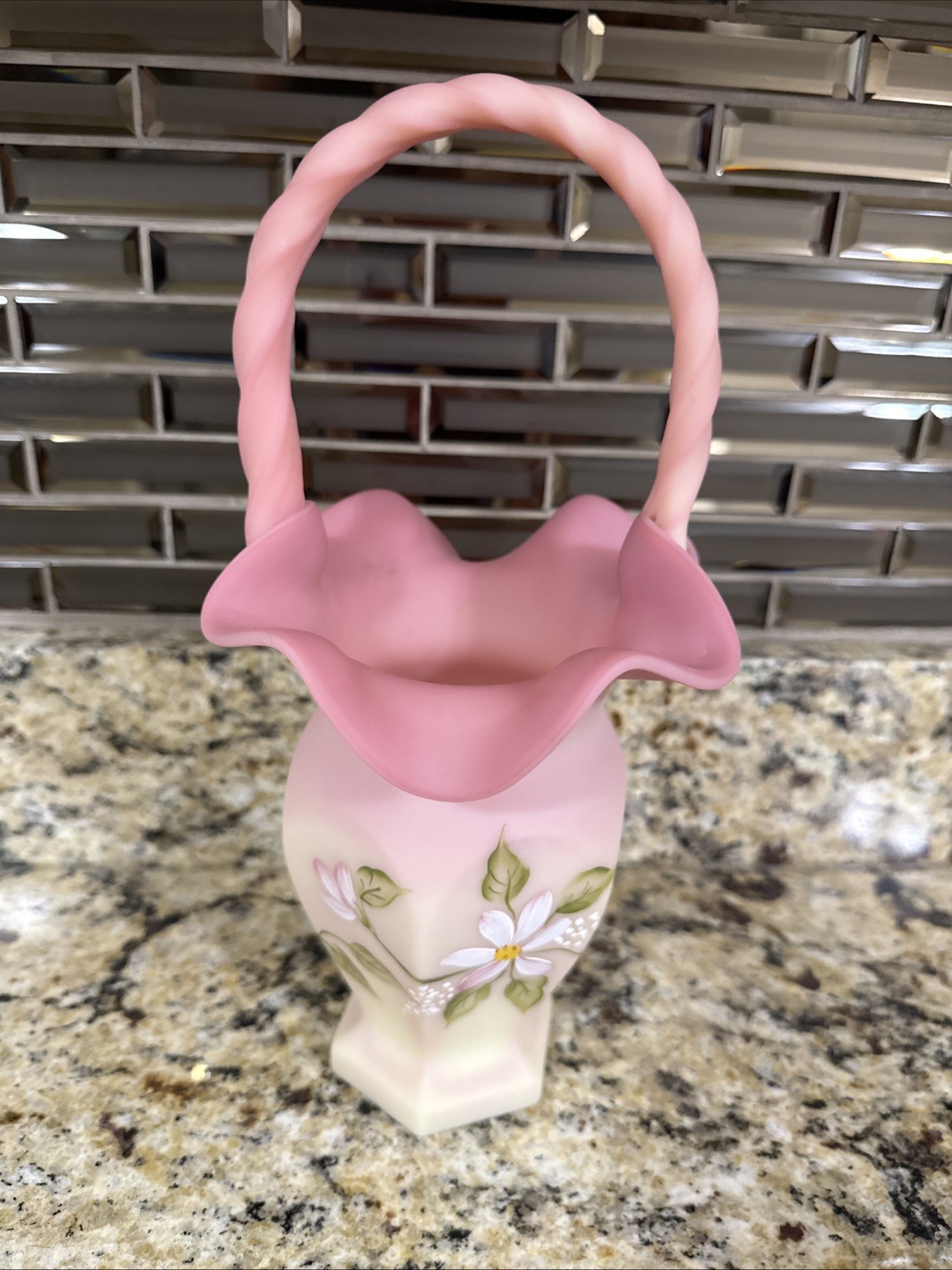 Fenton Lotus Mist m. Fleming Hand painted Signed Basket Vase With Handle
