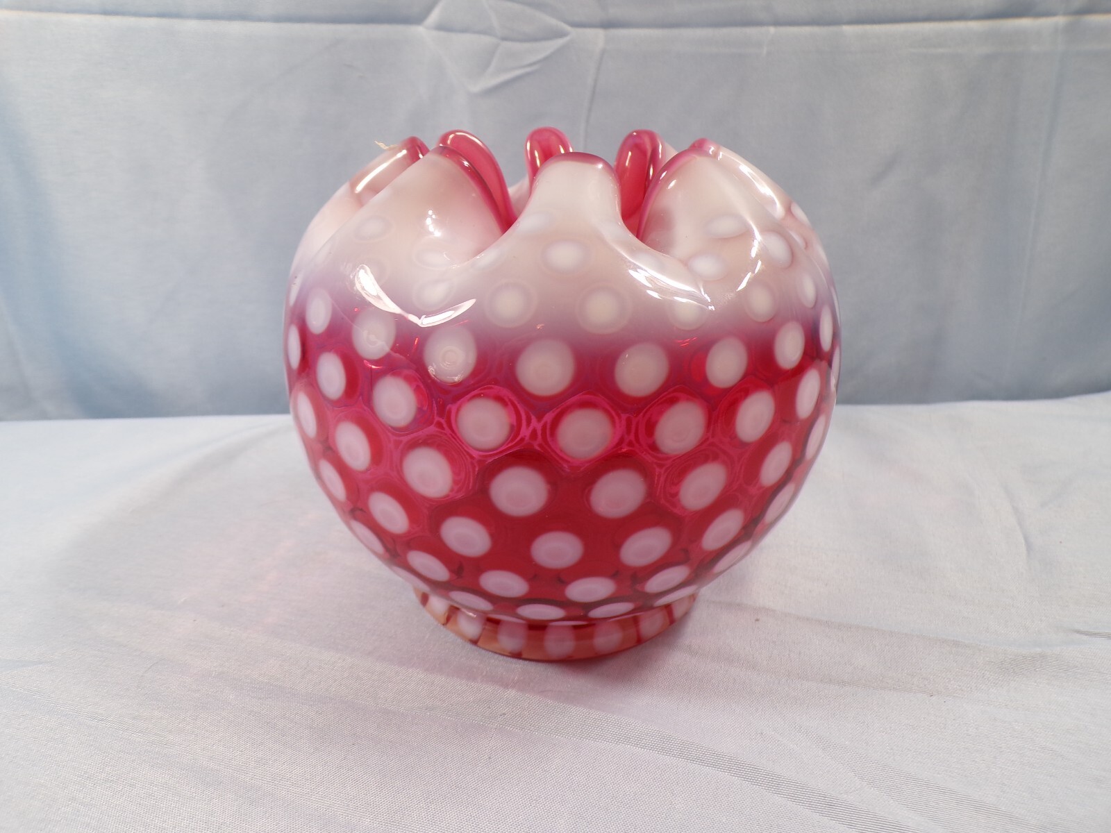 Vintage Fenton Cranberry Opalescent Glass POLKA DOT Large Rose Bowl Vase INV4