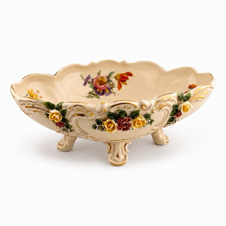 Dresden Art Germany Floral Porcelain Footed Oval Bowl Ivory Gold Trim