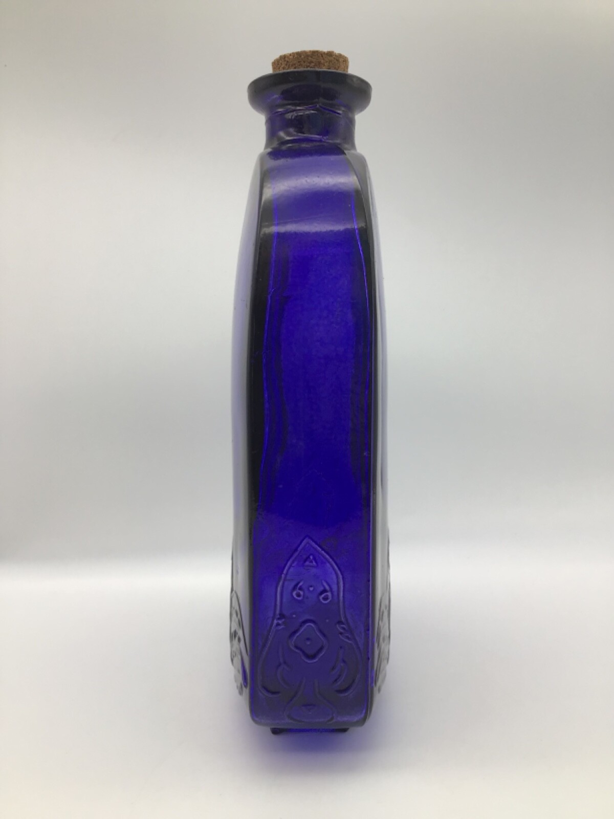 Cobalt Blue Glass Embossed European Bottle Floral/Art Motif 8.5 inches