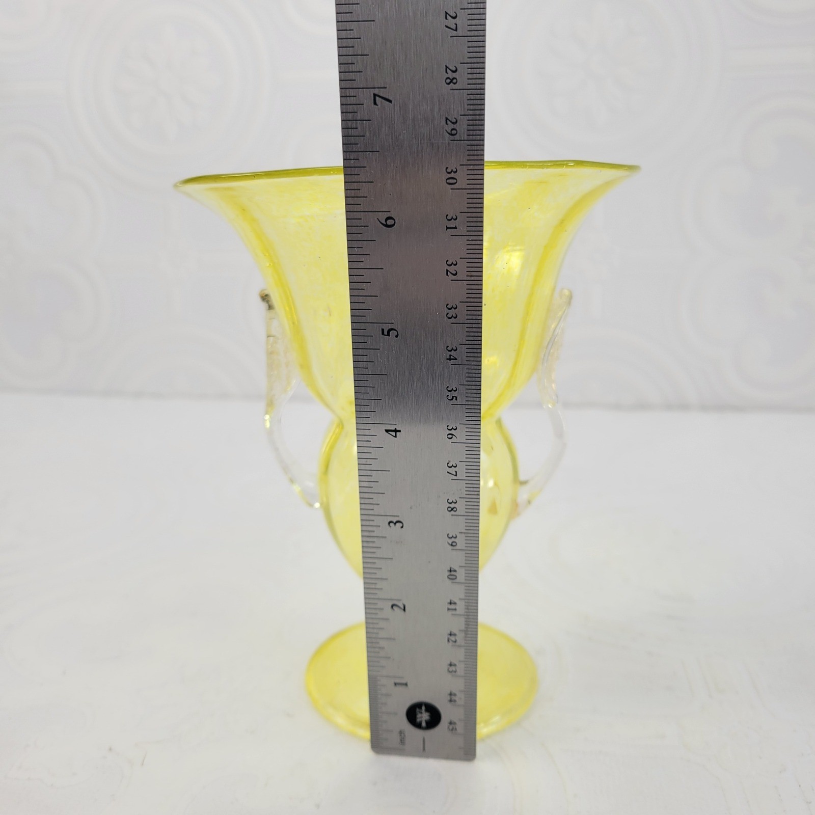Vintage Yellow Blown Glass Trophy Vase MCM Clear Leaf Handles 6.75in Art Glass