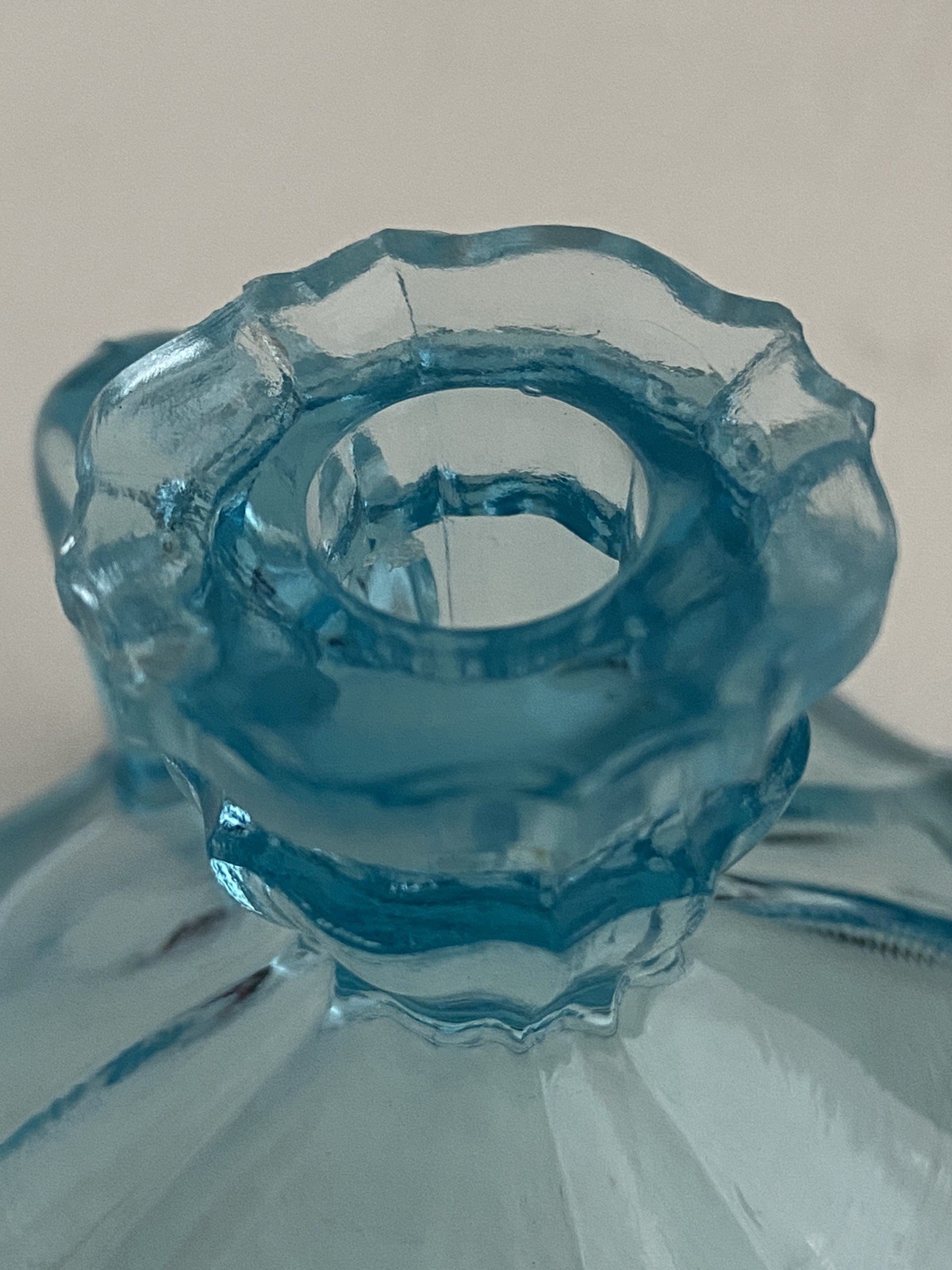 Small blue glass uranium UV glow chamber style candlestick holders