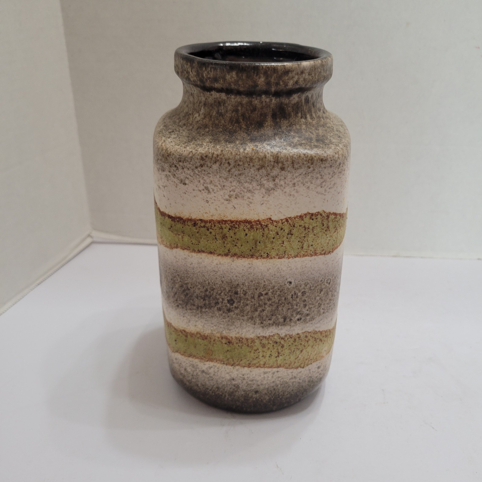 West Germany Speckled Striped Pottery Vase White Brown Greenish 8″ Inchs Tall