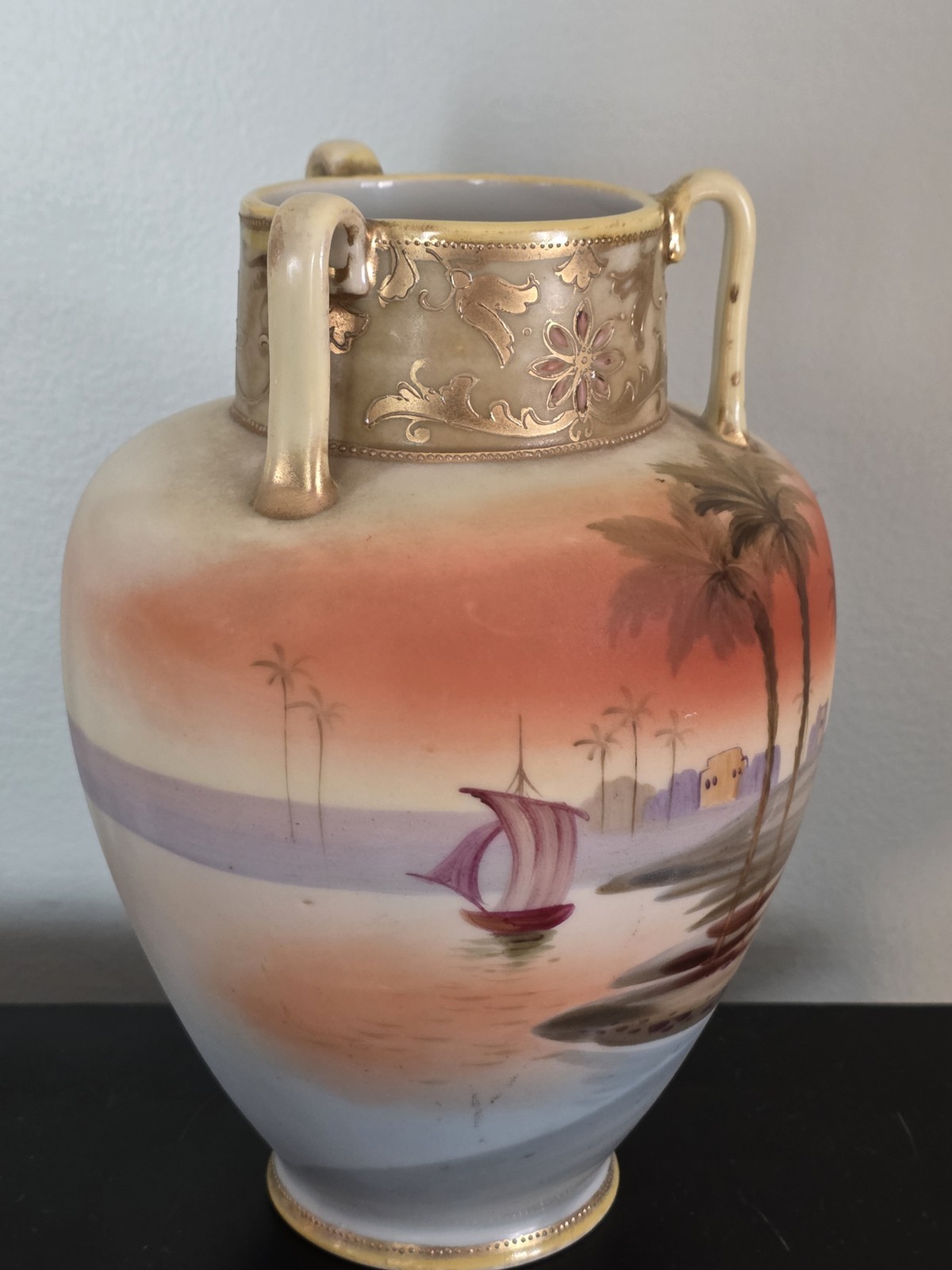 ANTIQUE NIPPON PORCELAIN Amphora VASE WITH 3 HANDLES HARBOR