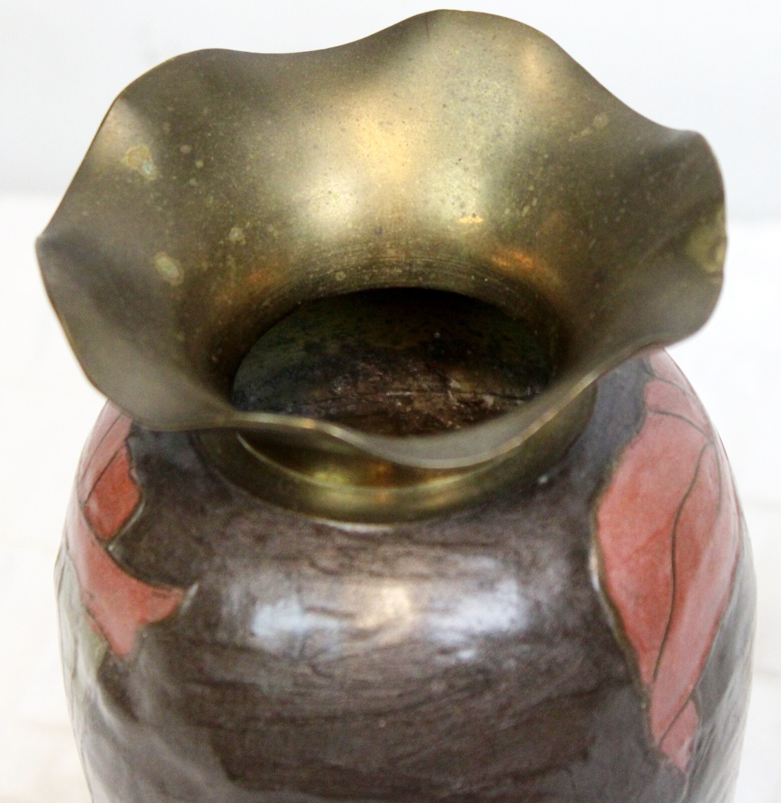 Vtg 80s Cloisonné Brass Vase Pink Lillies Brown Calla Cala Lily Ruffled Rim Top