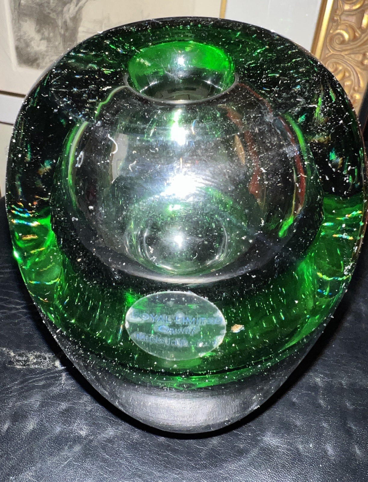 Royal Limited Crystal Vase Made in Poland Bubble Inside 6 Inches Green & Clear