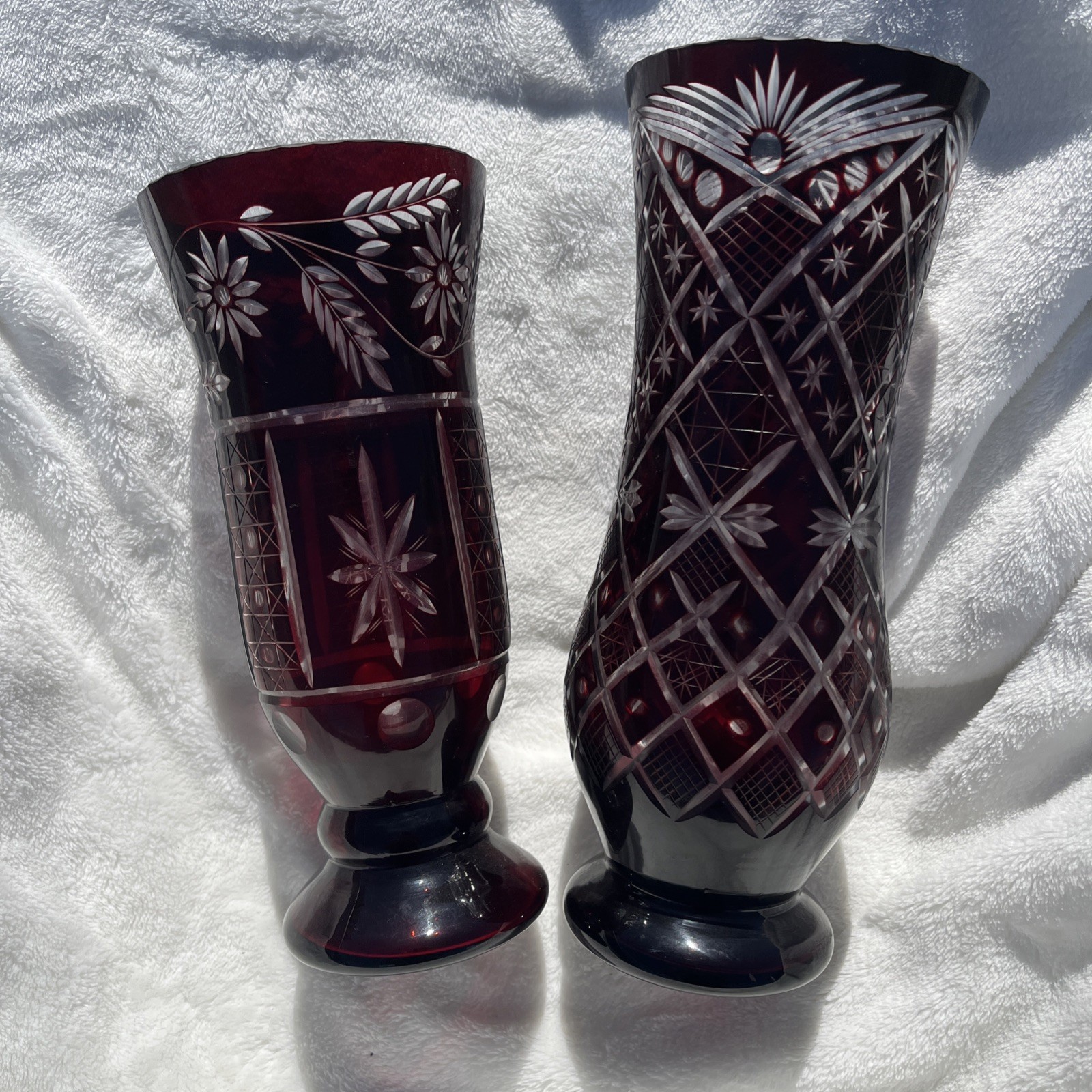 2 Vintage Mint Condition Bohemian Ruby Cut To Clear Vases – 10” X “4 & 9” X “4