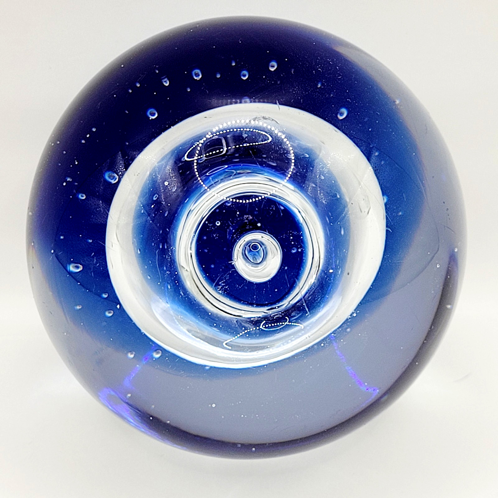 Blown Art Glass Paperweight Cobalt Blue w Clear Donut Hole Controlled Bubbles