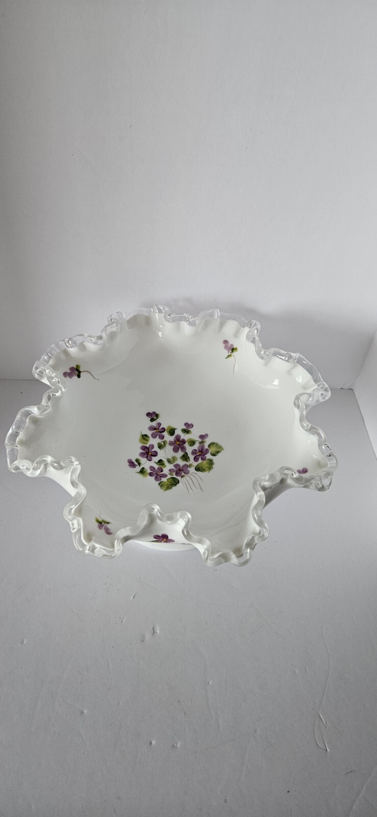 Fenton Silver Crest Violets in Snow White Glass Pedestal Decorative Bowl Dish