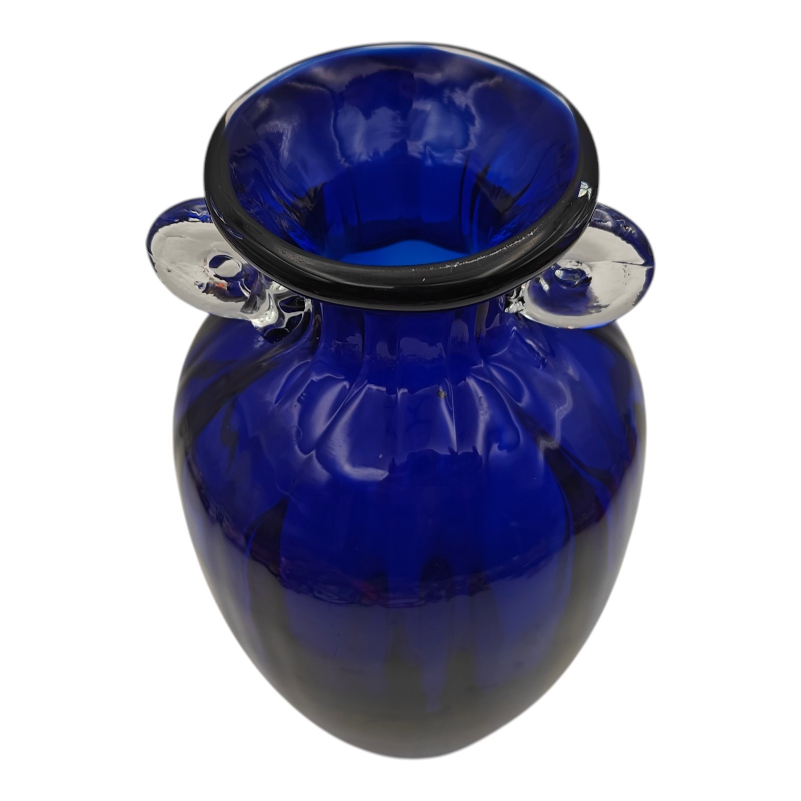 Hand Blown Cobalt Blue Art Glass Vase with Applied Scroll Handles READ!!!