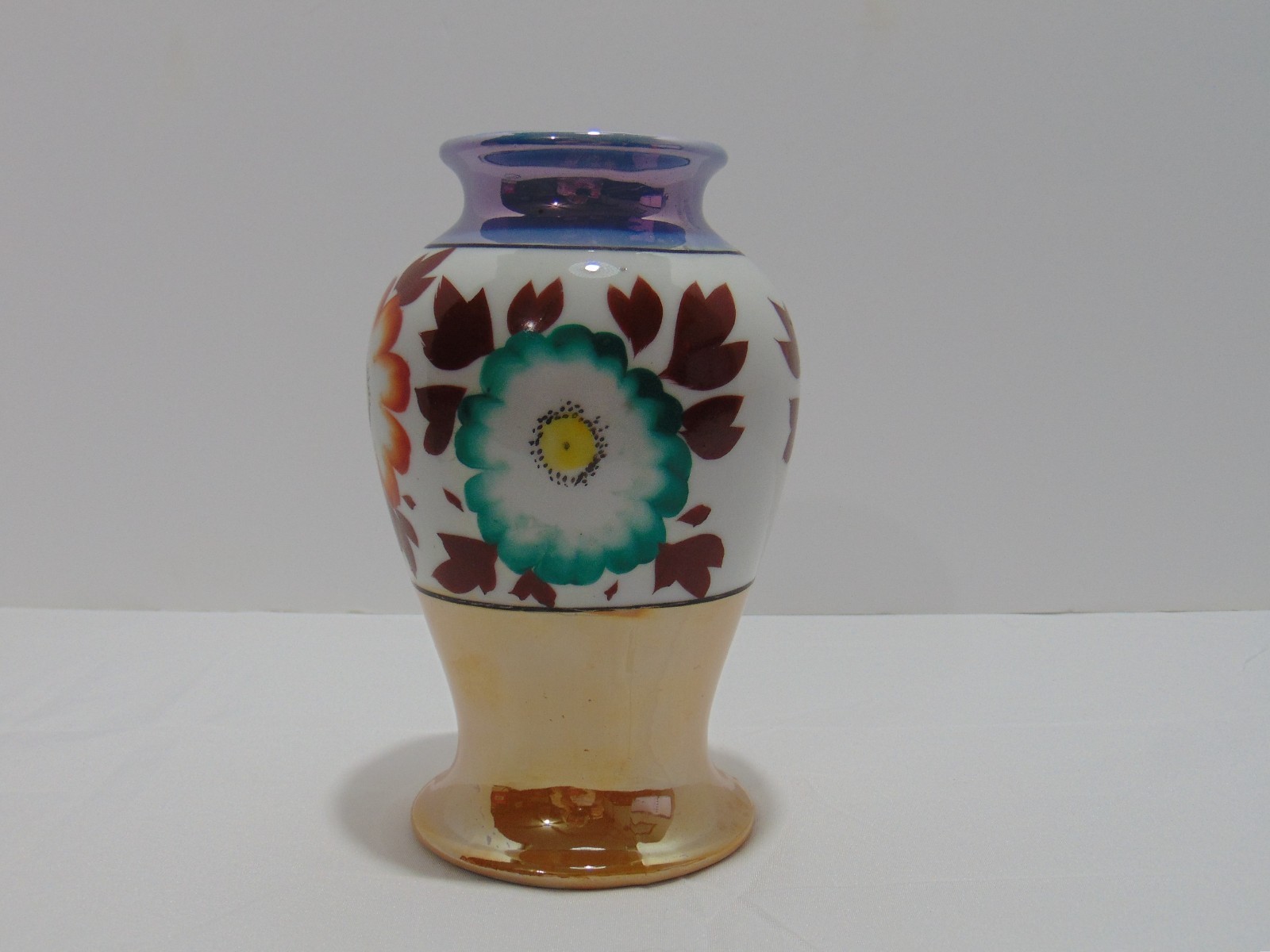 Lusterware Vase Peach White And Blue With Blue Teal Red Flowers Made In Japan