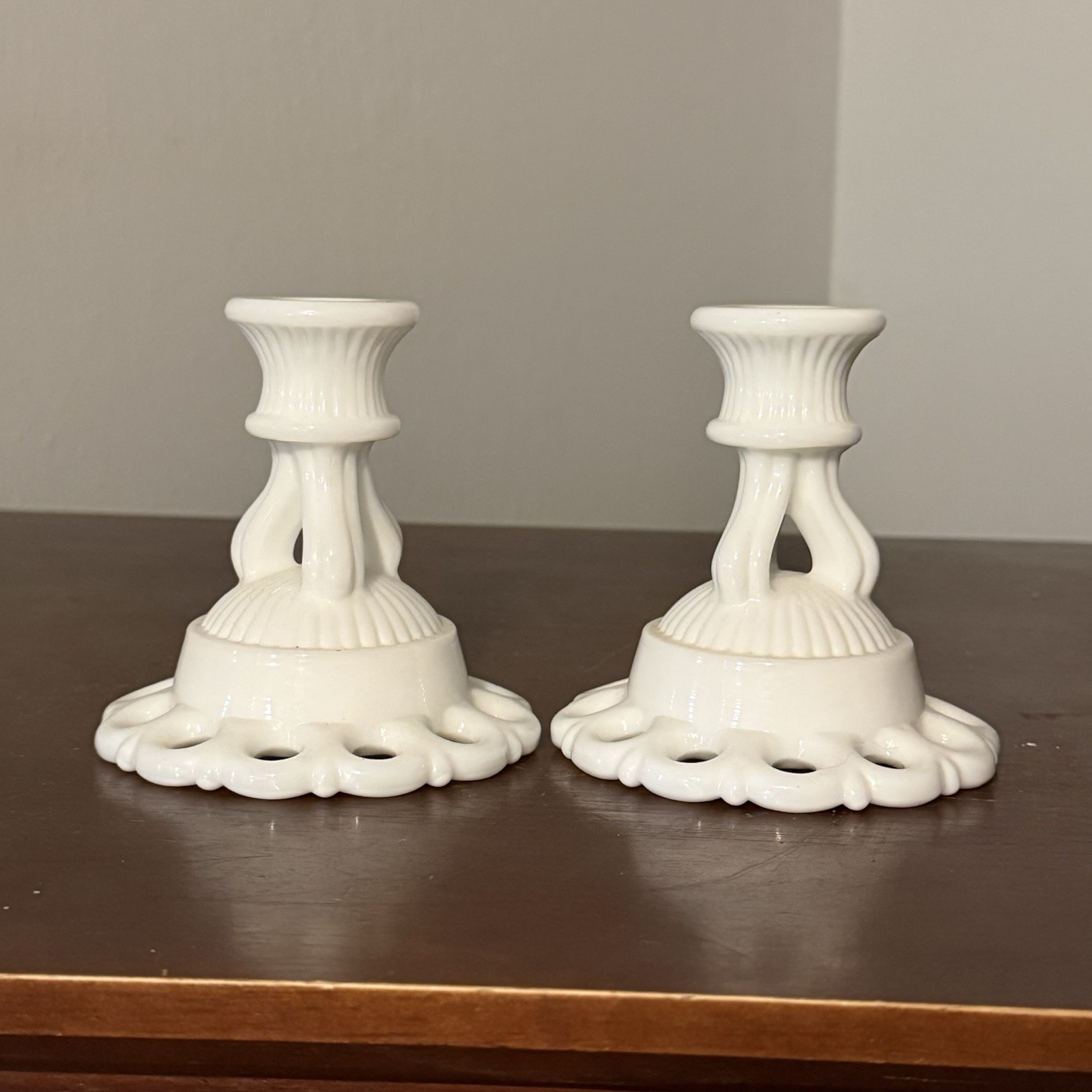 Westmoreland Milk Glass Candlesticks Pair White Lace Edge Vintage Set Of 2