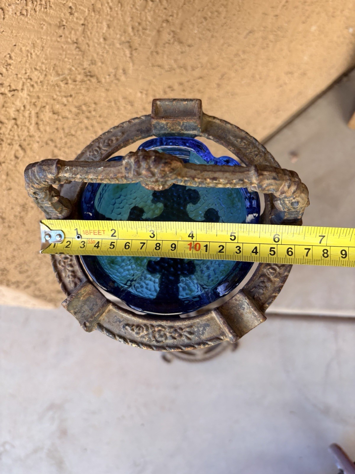 GORGEOUS Vintage ORNATE Art Nouveau Ashtray Stand Cast Iron Blue Glass Flowers!