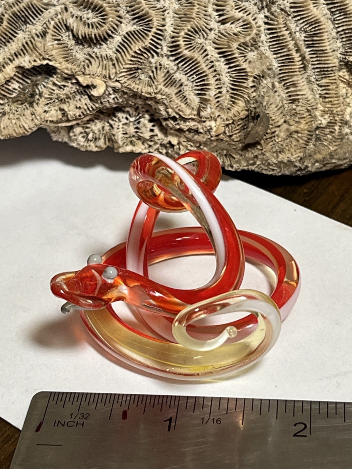 Handcrafted Vintage Art Glass Snake Sculpture Red and Gold Decorative 2”