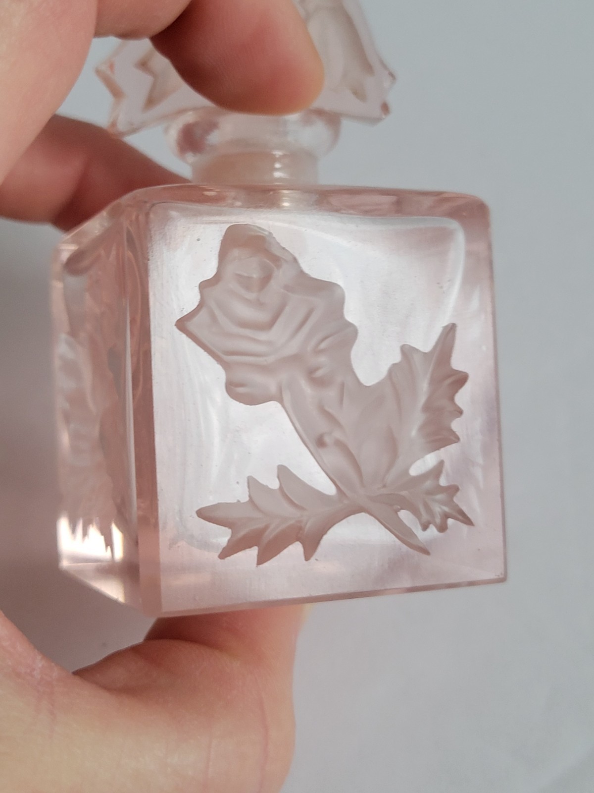1920s Art Nouveau Pink Glass Perfume Bottle Romantic Etched Flowers Floral Vtg
