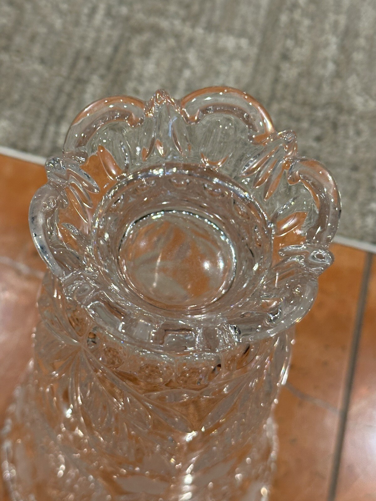 EAPG PRESSED GLASS SUNBURST & ZIPPER CLEAR 6″ BUD VASE PEDESTAL FOOTED BASE EUC