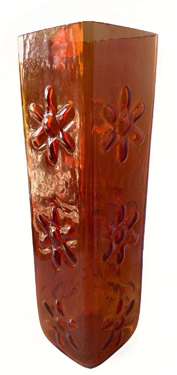 Vintage Blenko 6115-L Tangerine Glass Vase Wayne Husted Triple Daisy MCM 14.25”