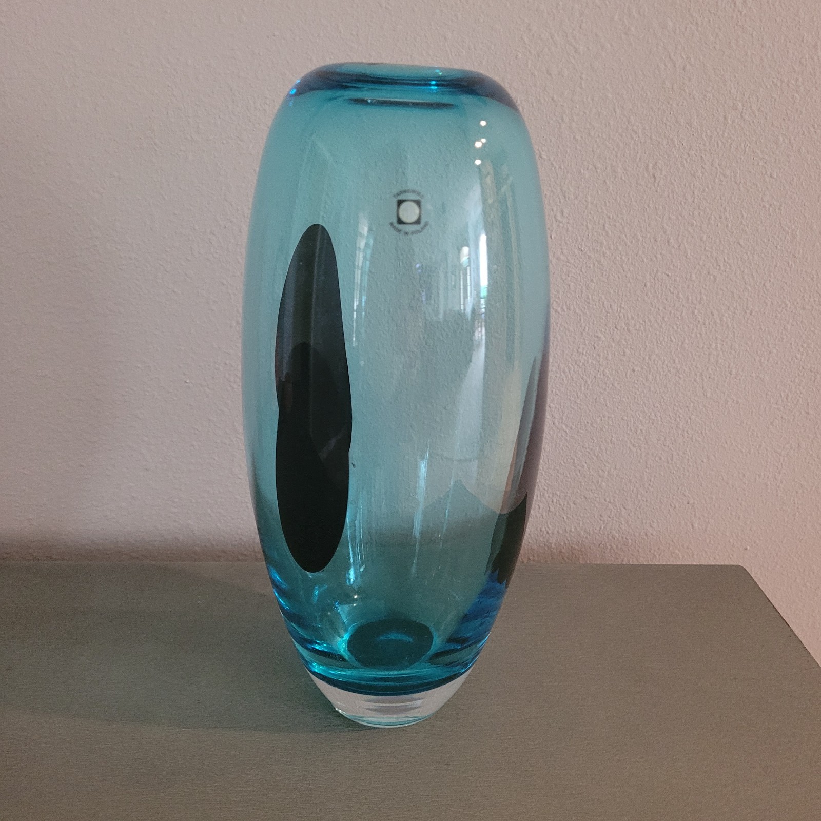 Tarnowiec Art Glass Blue Vase with Black Spots Hand Blown in Poland 11.75″ T