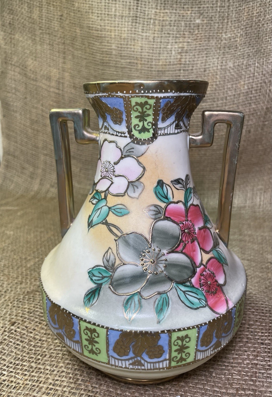 VTG “LiMoges Vase” Hand Painted, Floral Gold Gild Handles, Heavy 7.75” , France
