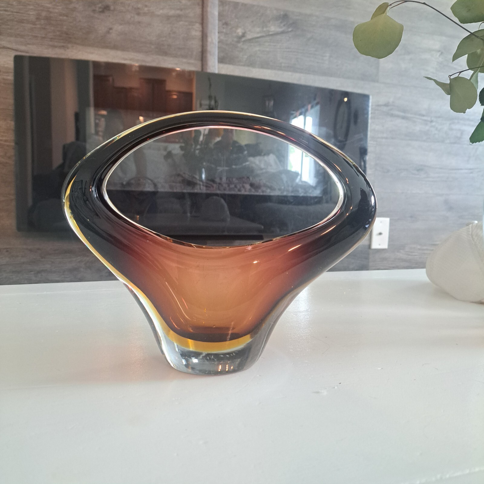 Vintage Mid-Century Art Glass Sommerso Basket Vase – Amethyst & Amber