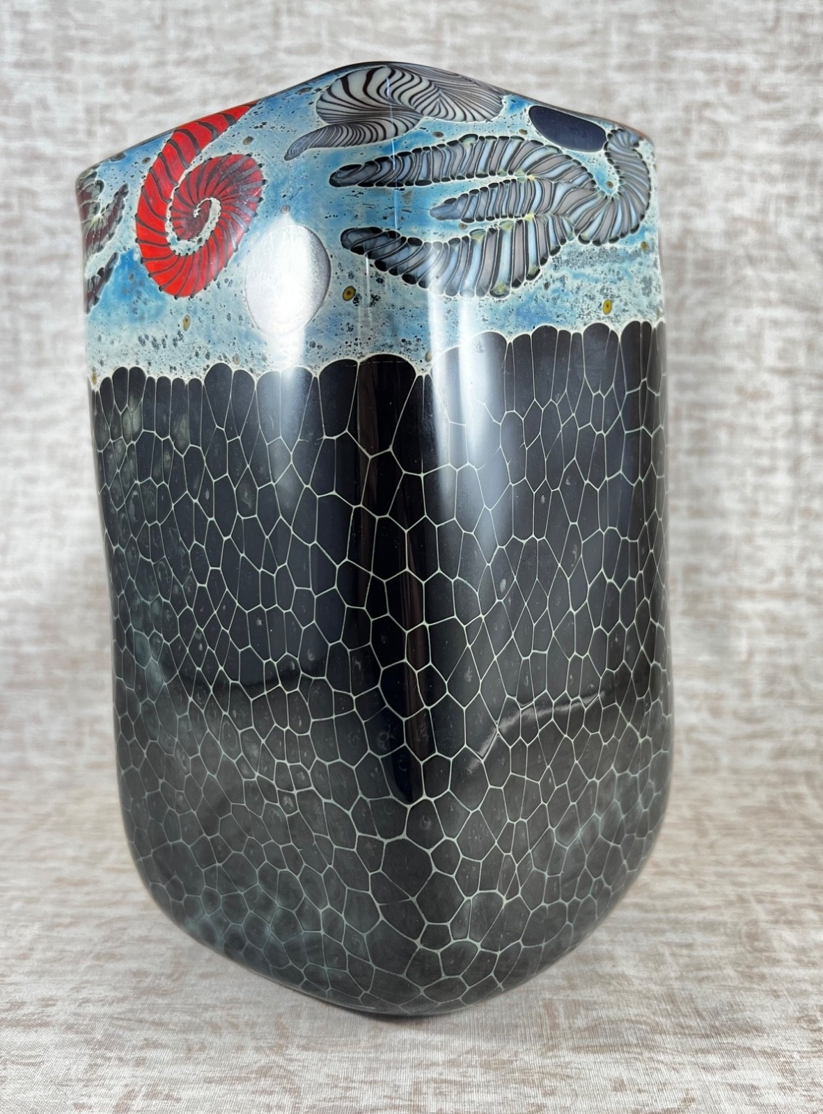 Kenny Walton, Signed, Art Glass Square Vase, Underwater Design, Studio Art Glass
