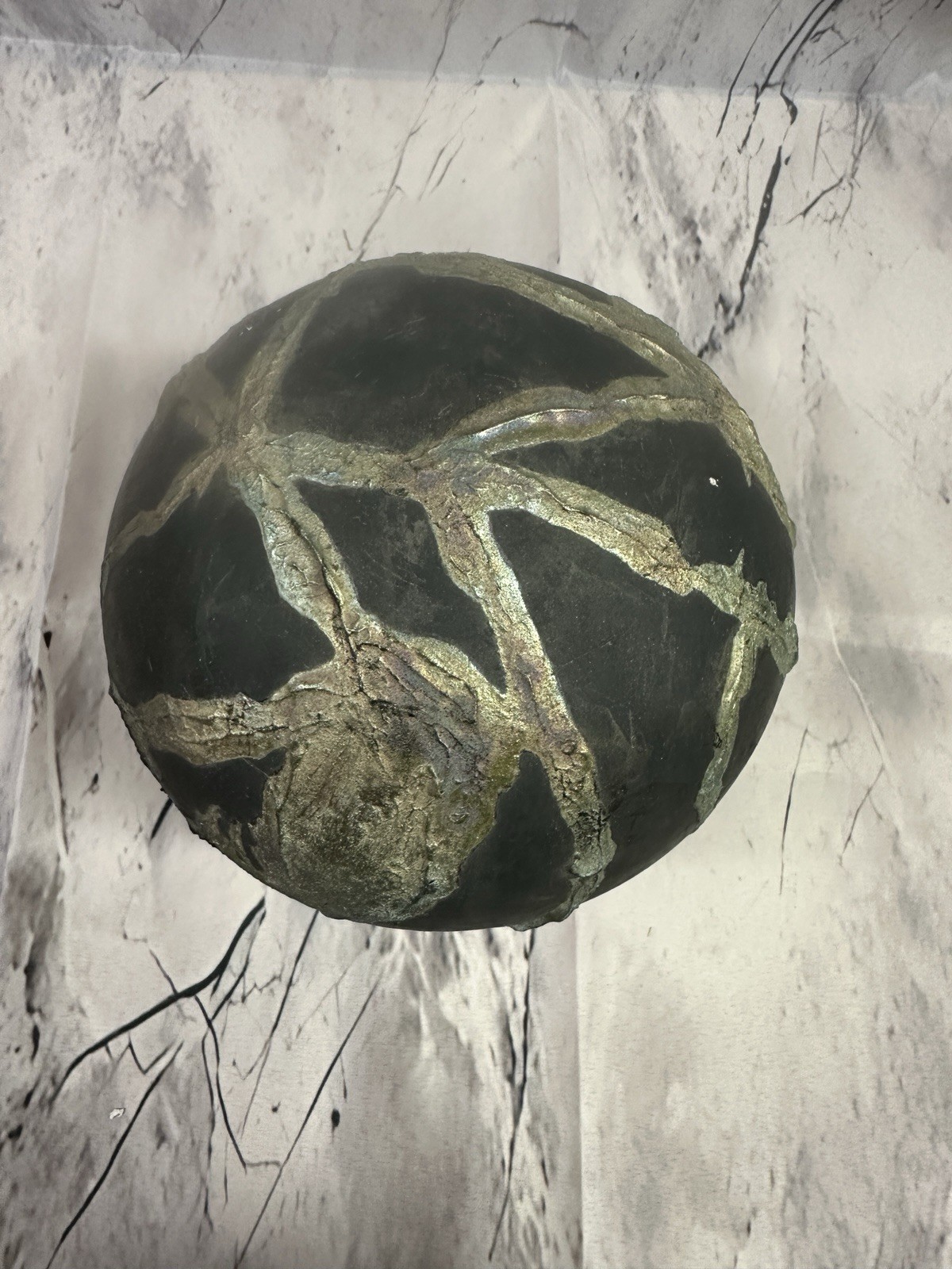 Handmade Raku Pottery Sphere Vase Sculptural Art Ball Black Gold 8in