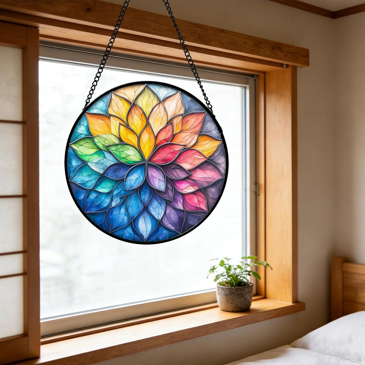 Stained Glass Window Hanging, Colorful Flower Petals s Diamond Glass Panel Ha…