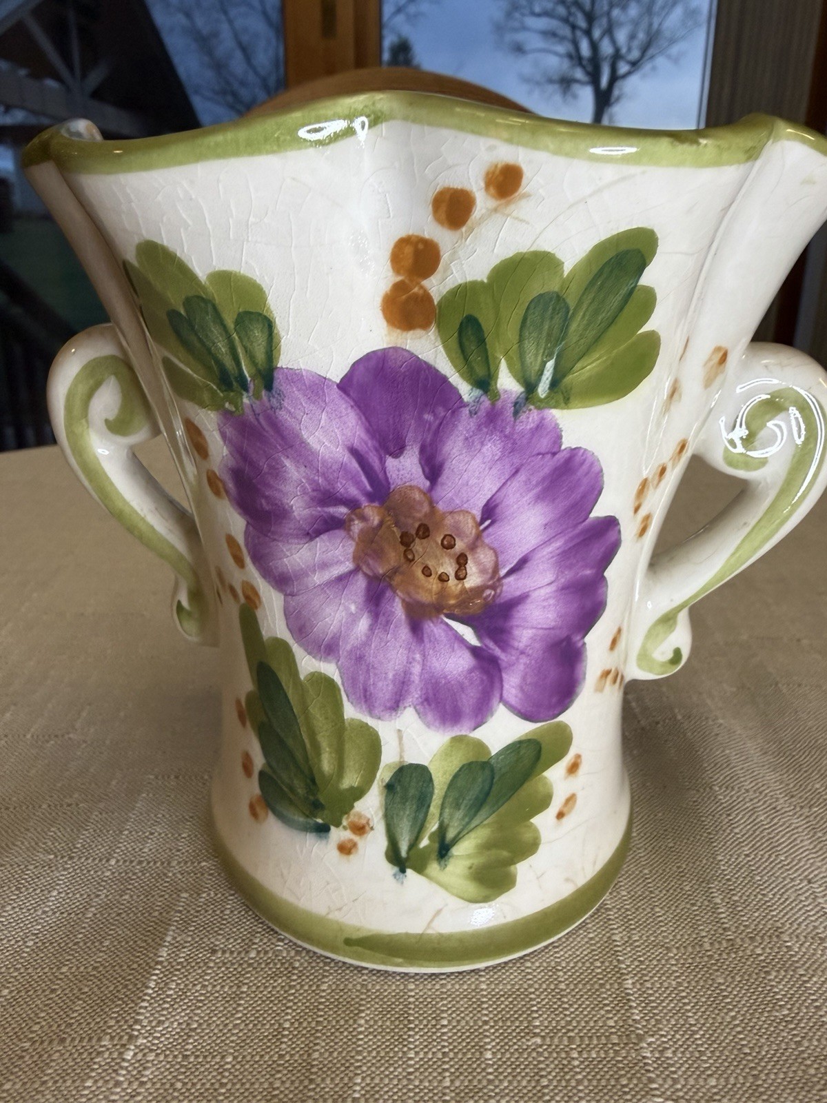 FTD Hand Painted CrazingCeramic Floral Vase With Handle Portugal 5.5 ” x 6”