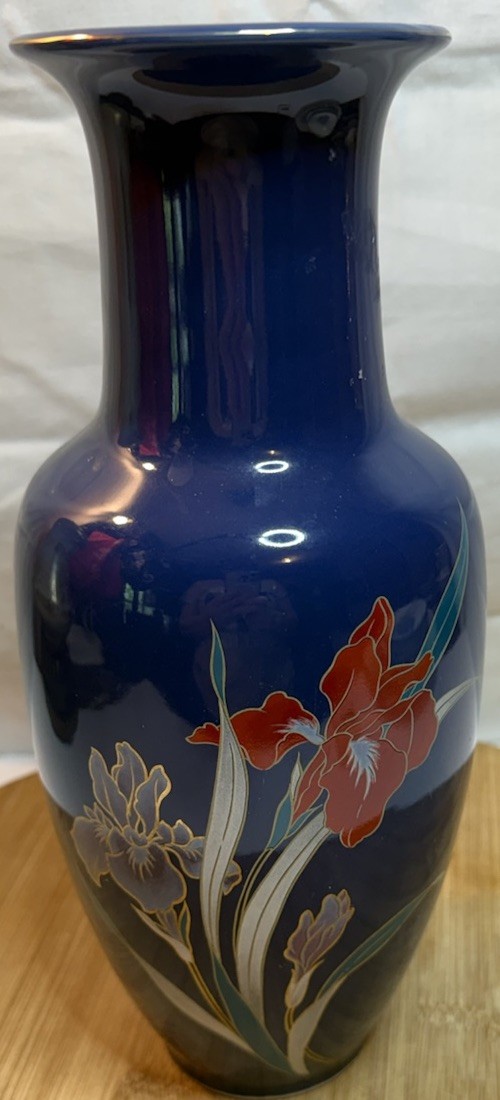 Fine China Japanese Cobalt Blue Red Purple Iris Flower Vase