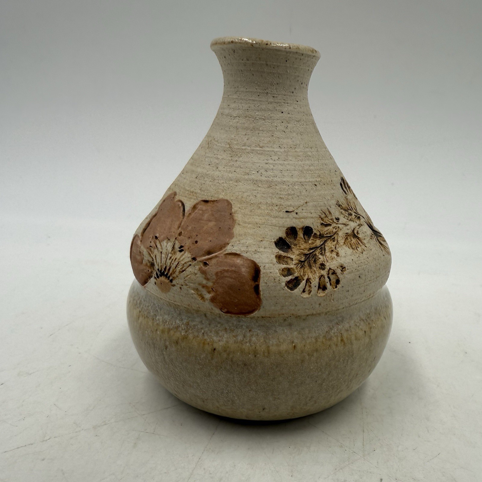 Studio Art Pottery Stoneware Bud Vase, Leaf Impressions, Artist Signed 4” Tall