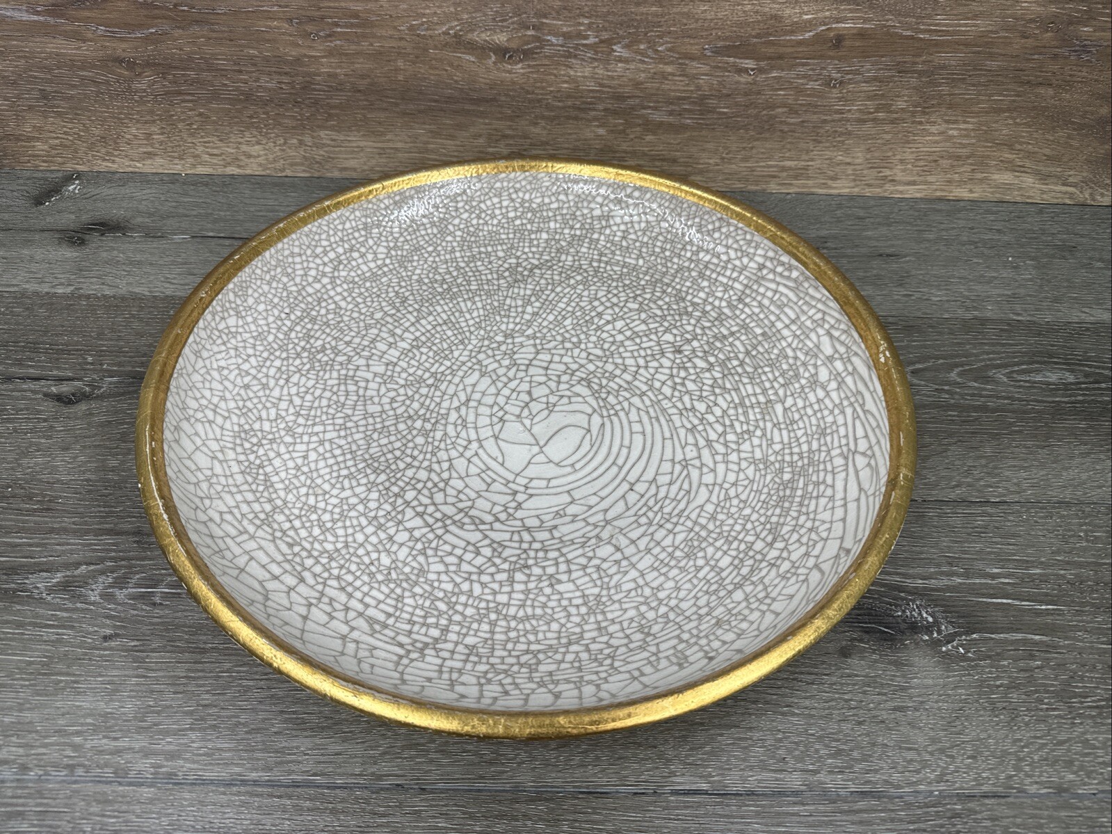White Crackle Glaze Giglio Italian Pottery Charger 18.5” Gold Rim