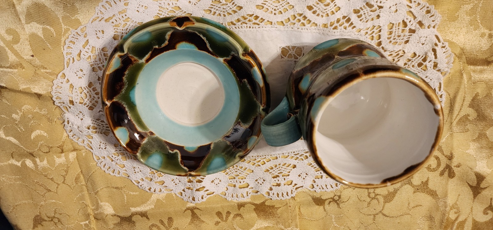 Studio Pottery By Ceramist Artist Thad A Drip Glaze Blue Green Brown Mug/Saucer