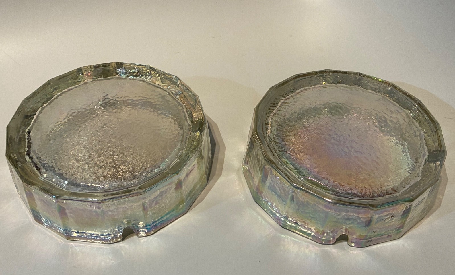 Pair (2) Vintage MCM Blenko Iridescent Rainbow Hammered 16 Sided Glass Ashtrays