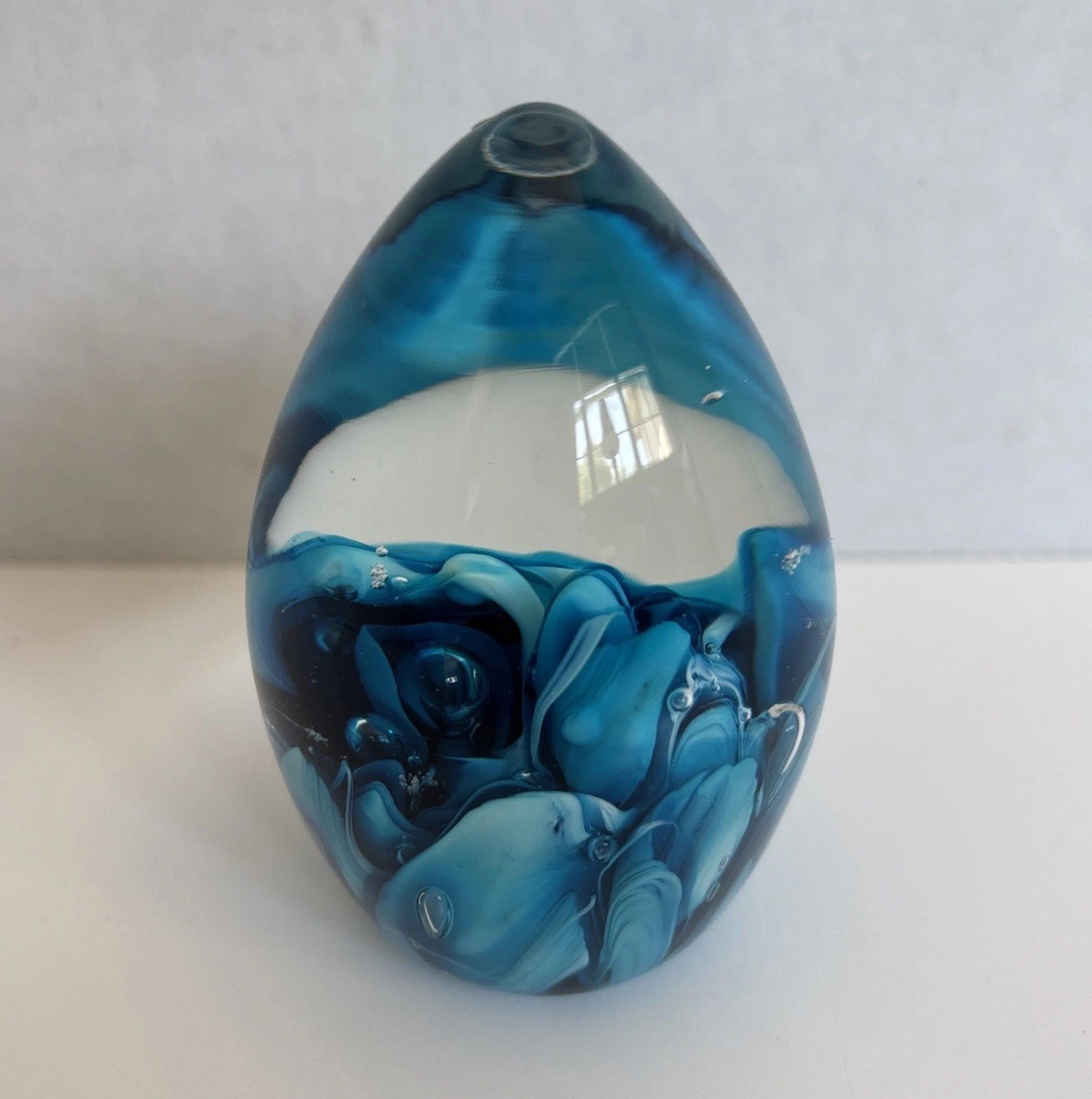 Mdina Glass Malta Blue Egg Shaped Paperweight EUC