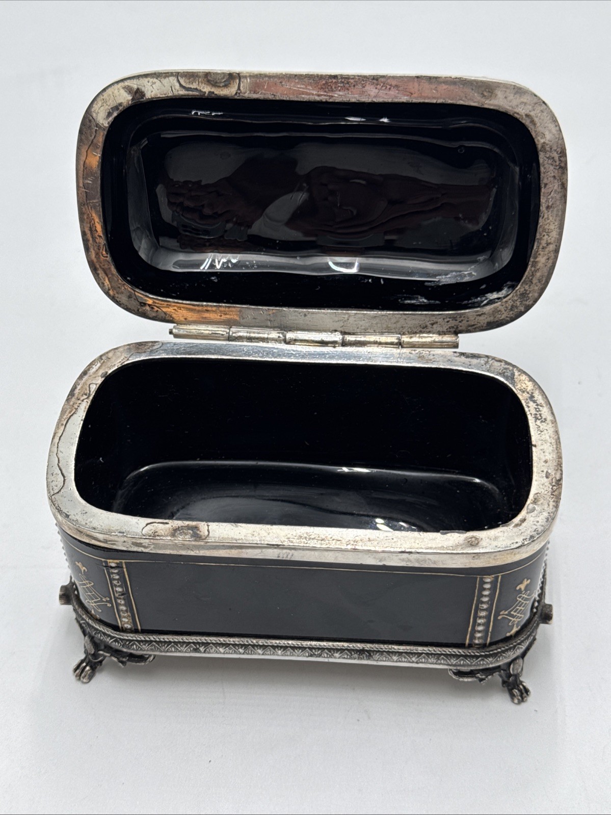 Black Opaline Glass Mary Gregory Wilcox SilverPlate Hinged Casket Box-As Found