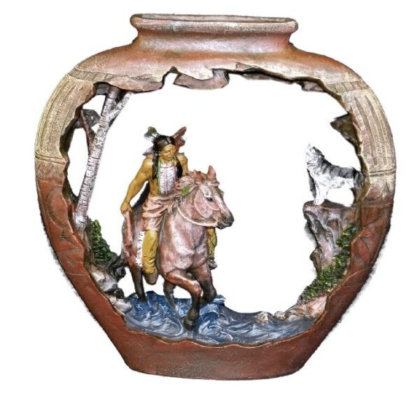 INDIAN W/HORSE & WOLF/ POTTERY Sculpture Carving Figurine Animal Wildlife 9×10″