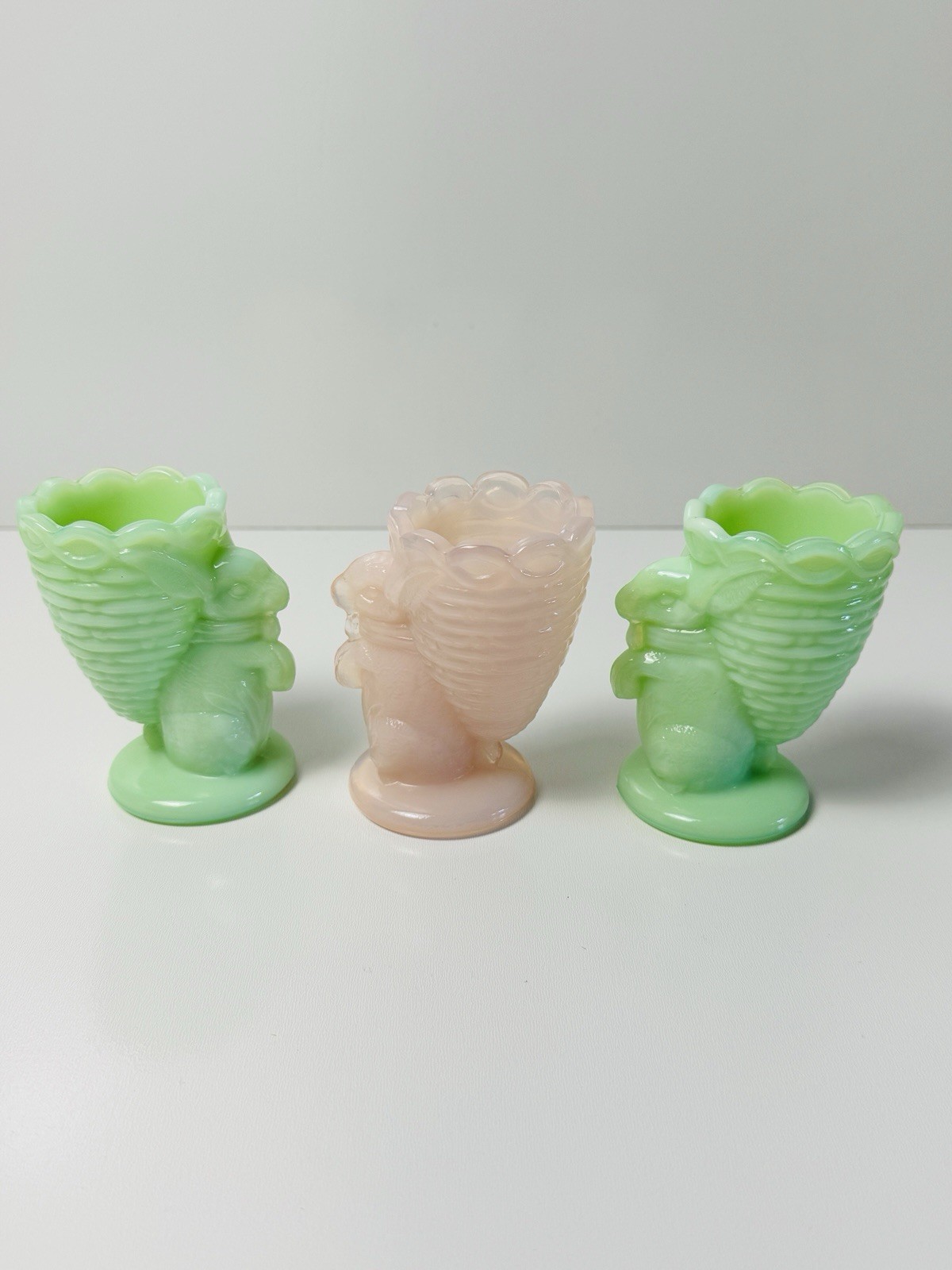 Fenton Jadeite Green & Pink Satin Glass Easter Bunny Egg Cups Set of 3