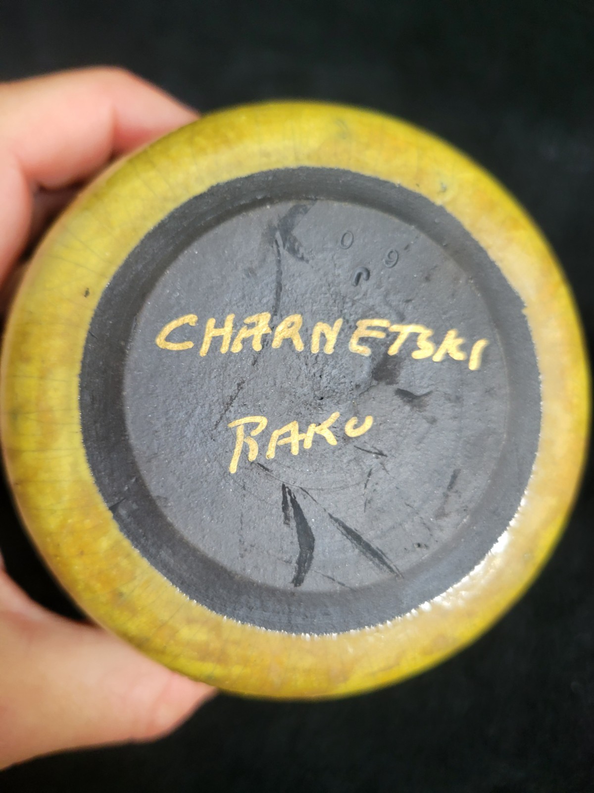 Yellow Raku Pottery Tumbler Cup Vase Signed John Charnetski Fine Art Studios