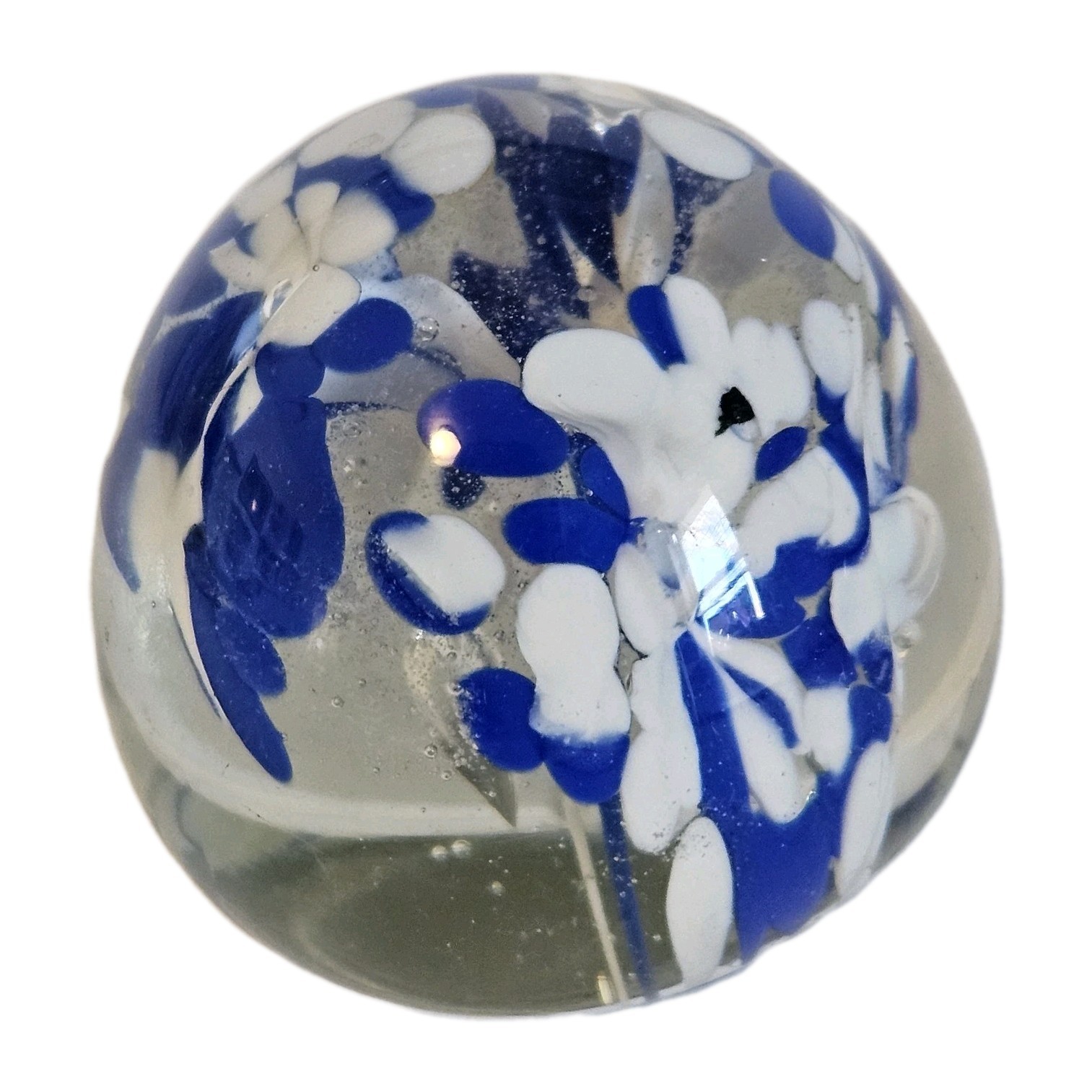 2 VTG Art Glass Paperweights – Blue & White Flower – Millefiori Silvestri Green