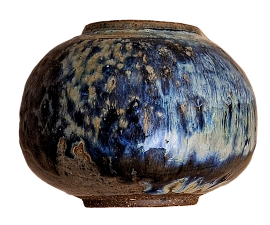Vintage Hand Thrown Studio Pottery Fat Vase Blue Brown Dripped Glazed Stoneware