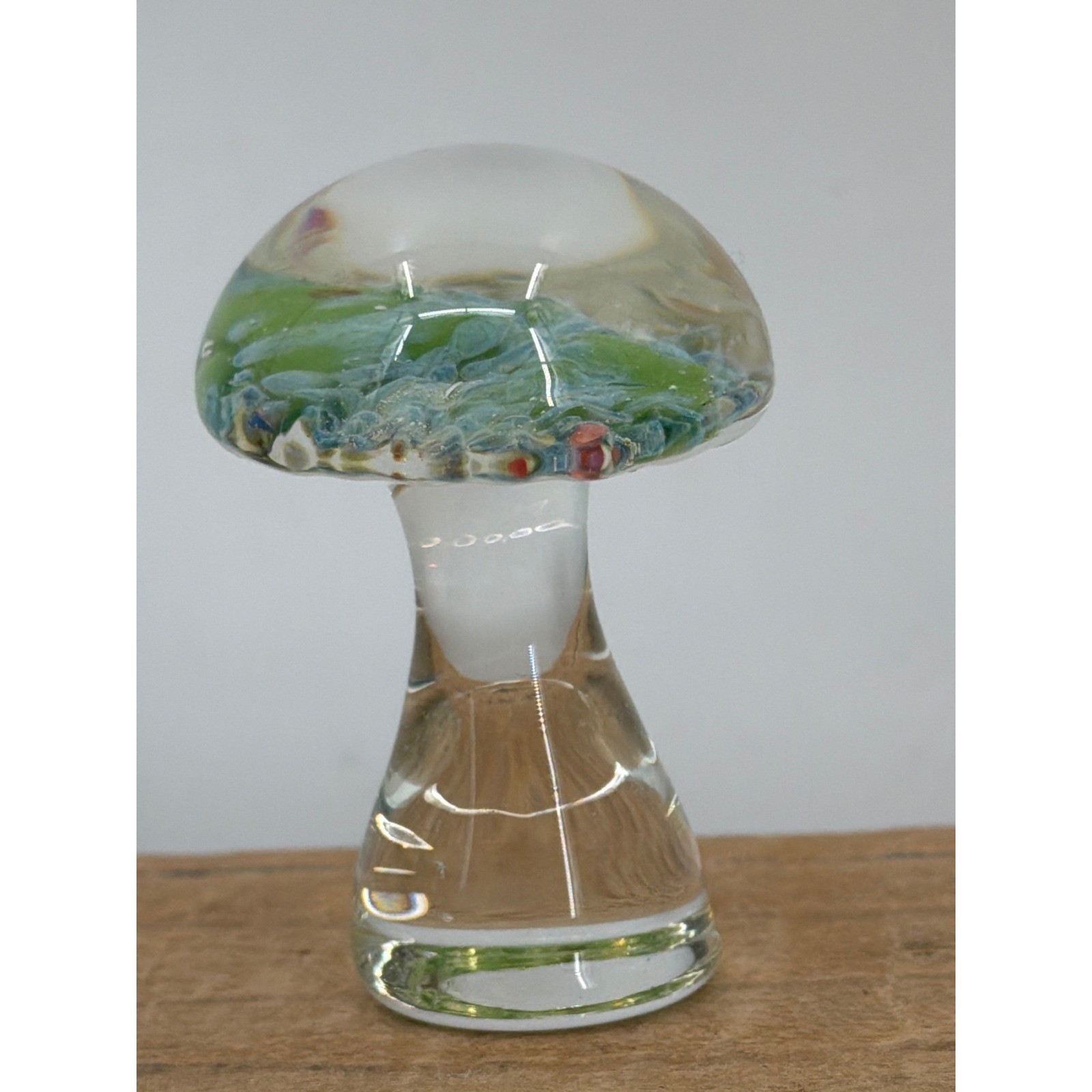 Vintage Hand Blown Art Glass Mushroom Clear Green Blue Swirl 2″