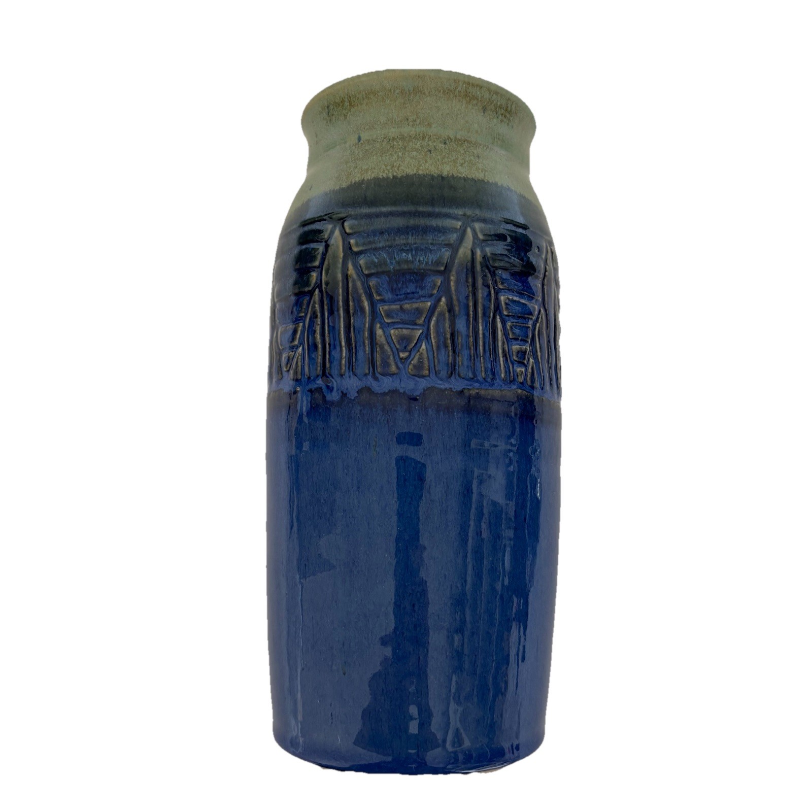 Hand Thrown Studio Art Pottery Blue Green Texture Vase Signed Glaze 9 X 3 Inch