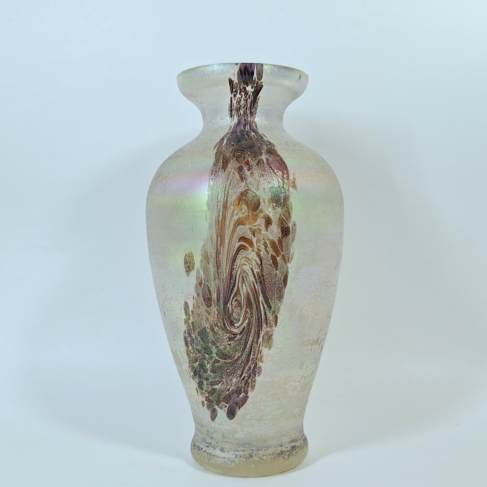 Vintage Iridescent Rainbow Swirl Frosted Glass Vase 8″ FREE SHIPPING