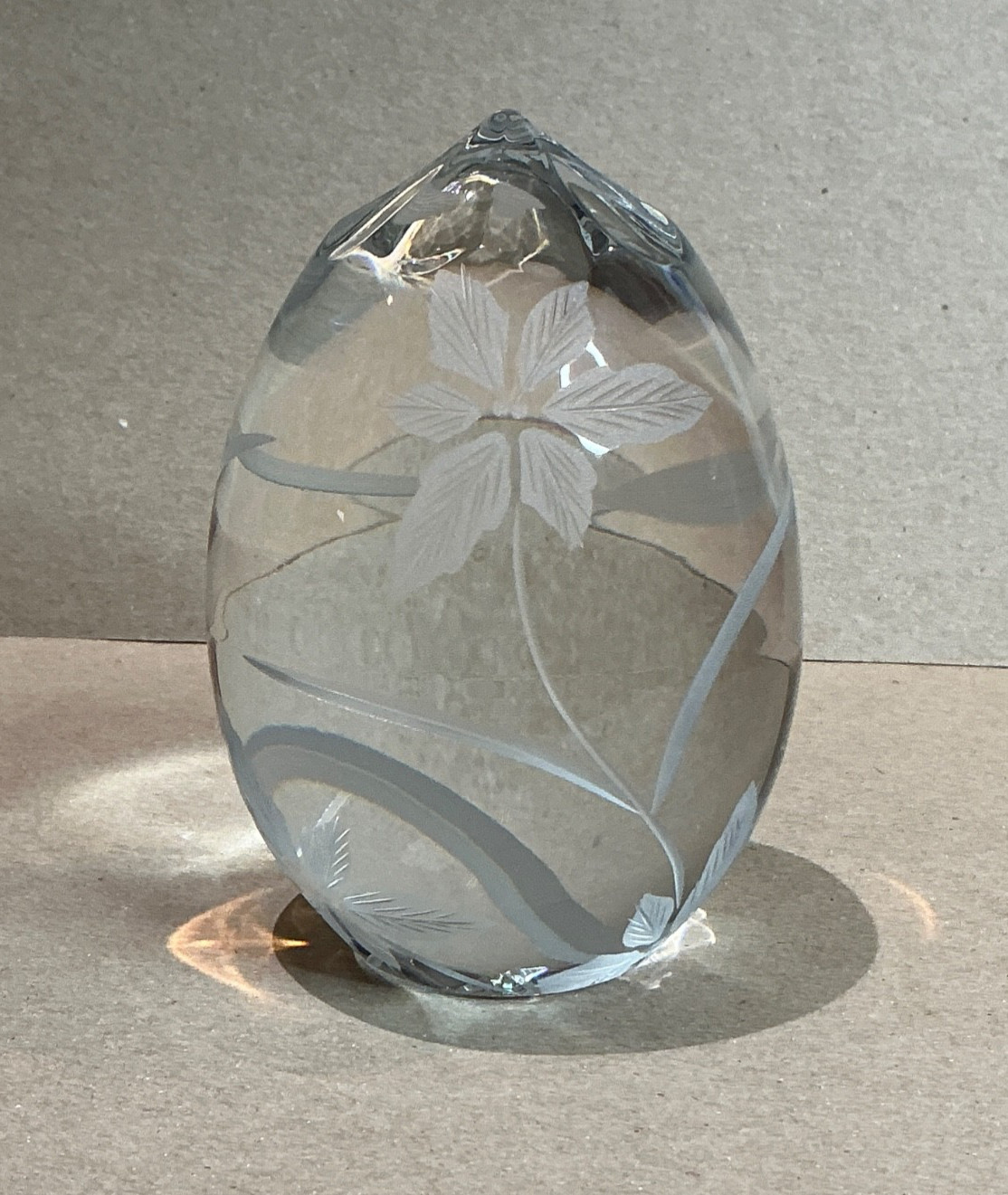 Crystal Egg Shaped Paperweight ~ Etched Design ~ 4.5 inches