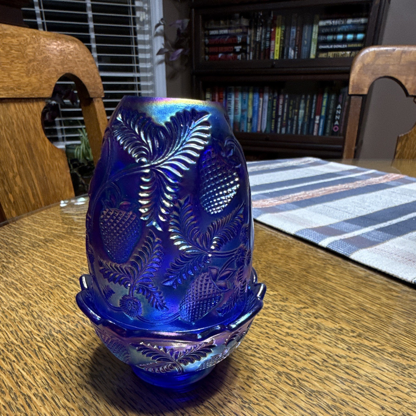 Vintage Fenton Inverted Strawberry Cobalt Blue Carnival Glass Fairy Lamp 2pc