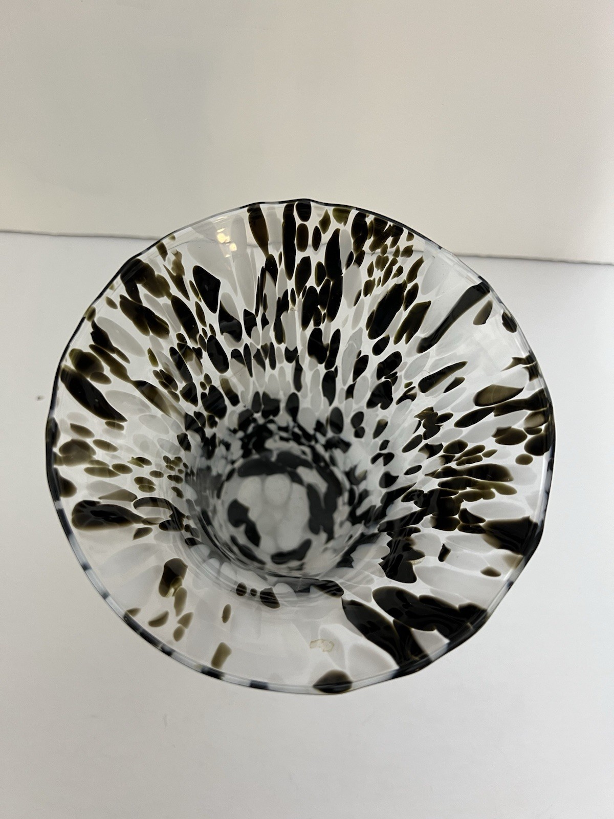 Vintage Hand Blown Art Glass Vase Black White Spatter Confetti Flared 7”