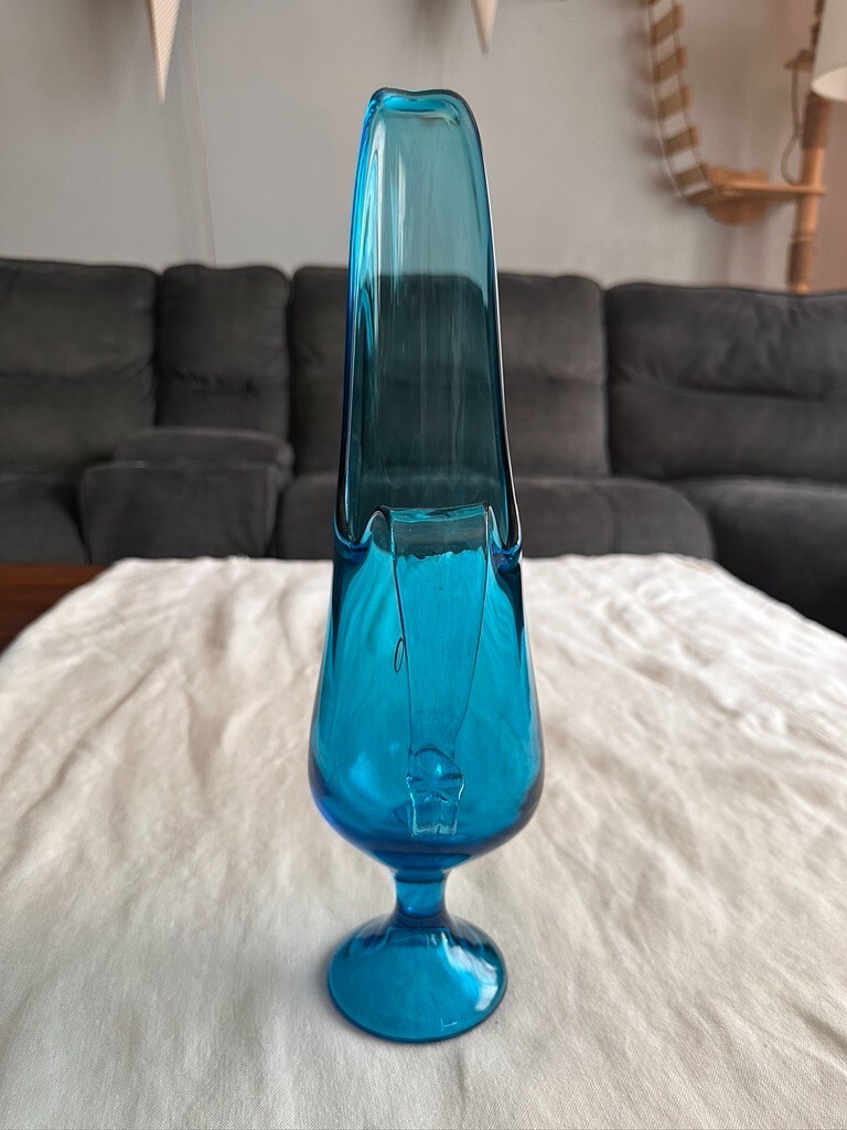 1960’s Vintage Le Smith Peacock Blue Hand Swung Ewer 16″ TALL VASE PITCHER MCM