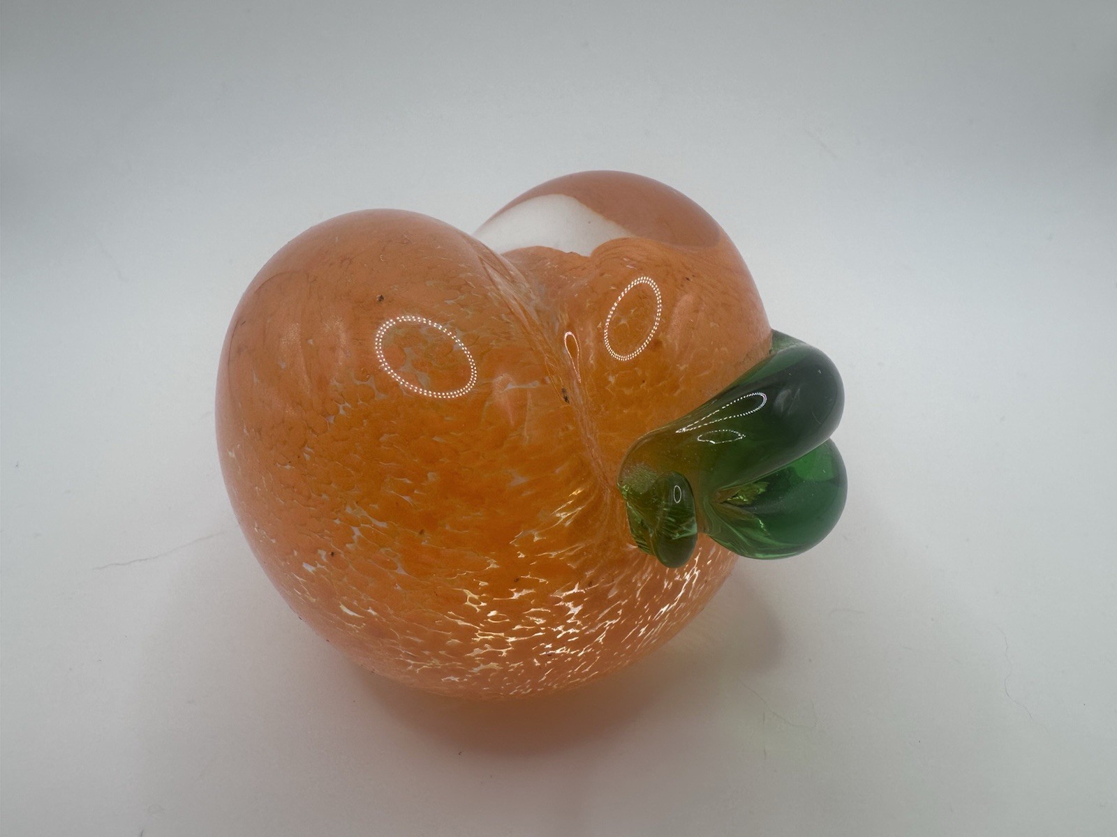 🍑 Murano Style Art Glass Peach Paperweight Hand Blown Fruit w/ Green Leaf